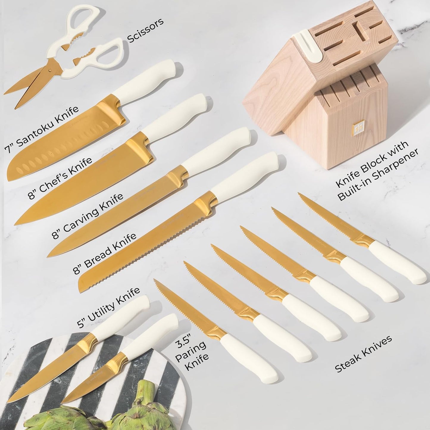 Styled Settings White and Gold Knife Set